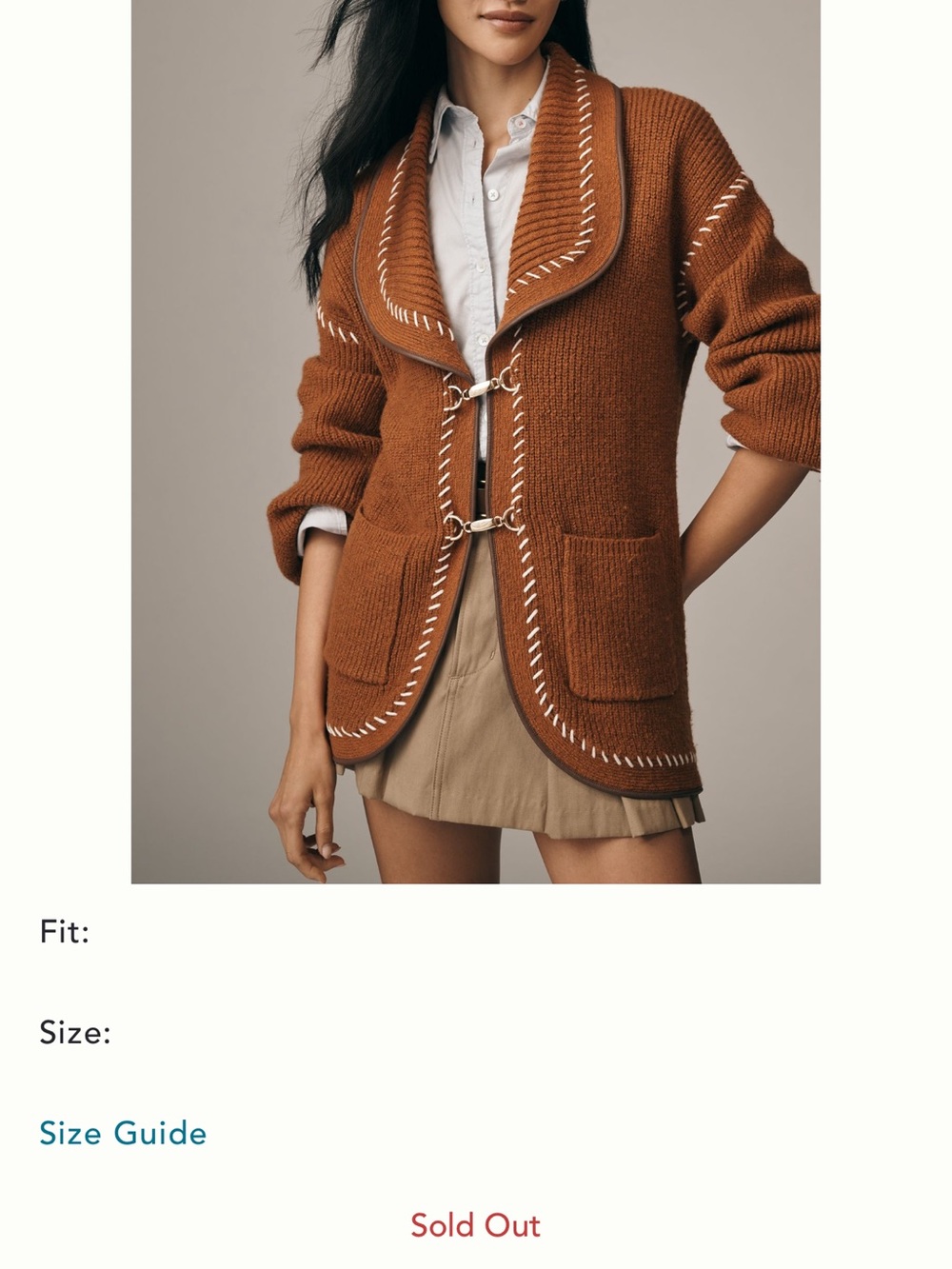 Maeve Rust Brown Shawl-Collar Cardigan with Contrast Stitching - Picture 2 of 4